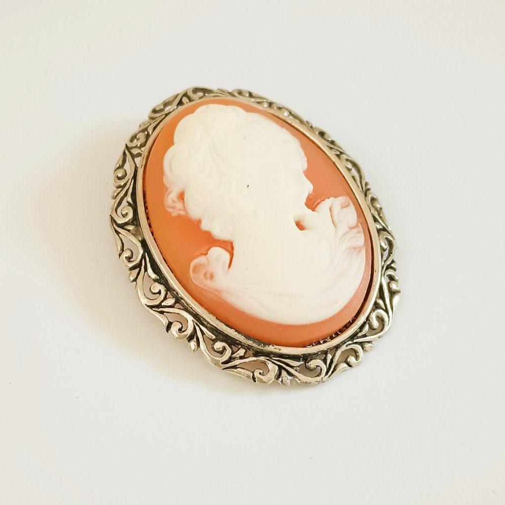 Jezlaine Vintage 925 Cameo Brooch Sterling Silver Scroll Design Gift for Mom
